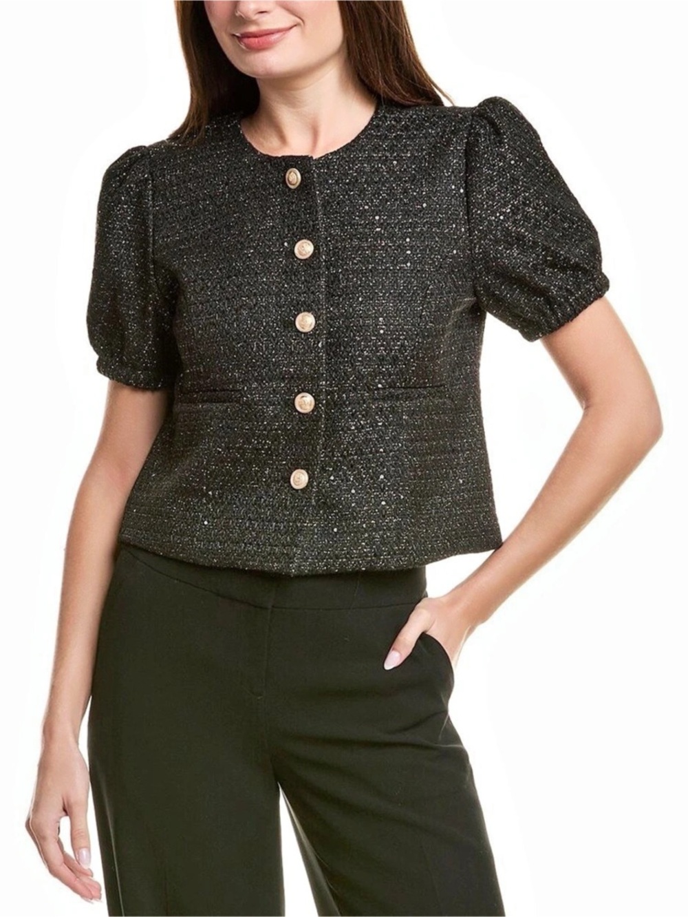 ASTR the Label Tweed Puff Sleeve Bow Jacket Black Blouse